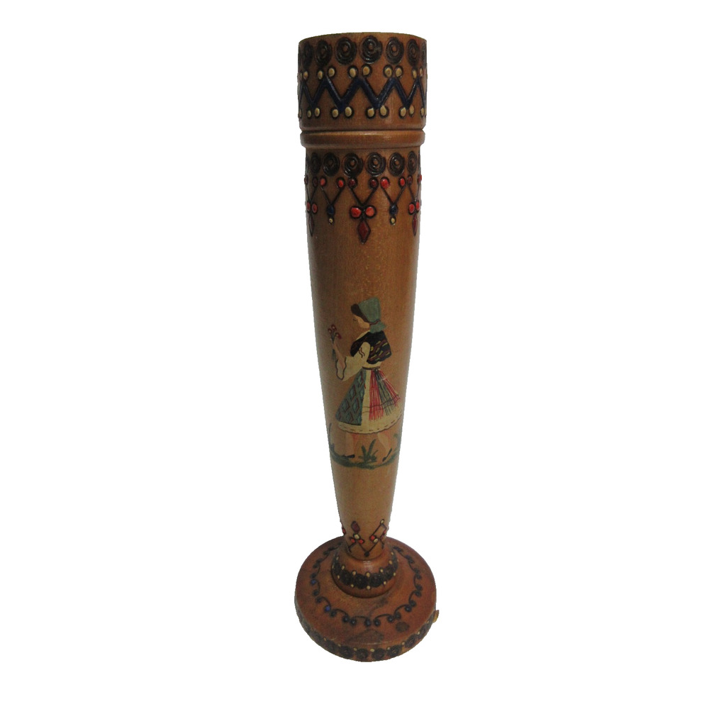 MCM Romanian Hand Made Painted and Pyrography Wood Vase / Candle Stick 1974 VTG